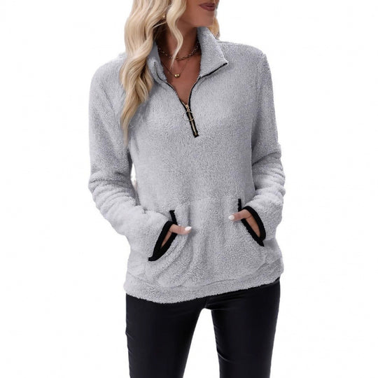 Damen flauschiger Fleece-Kuschelpullover mit halbem Reißverschluss, Kängurutasche und Stehkragen Shop Nory