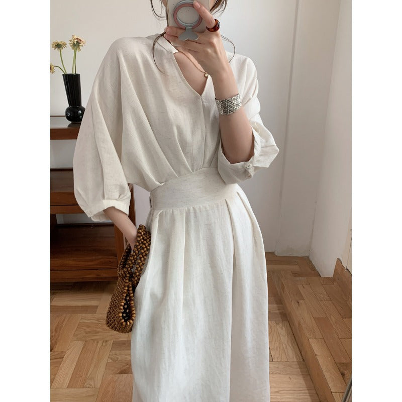 Damen Leinenoptik Midikleid mit V-Ausschnitt dreiviertel Ärmeln und taillierter Taille Shop Nory