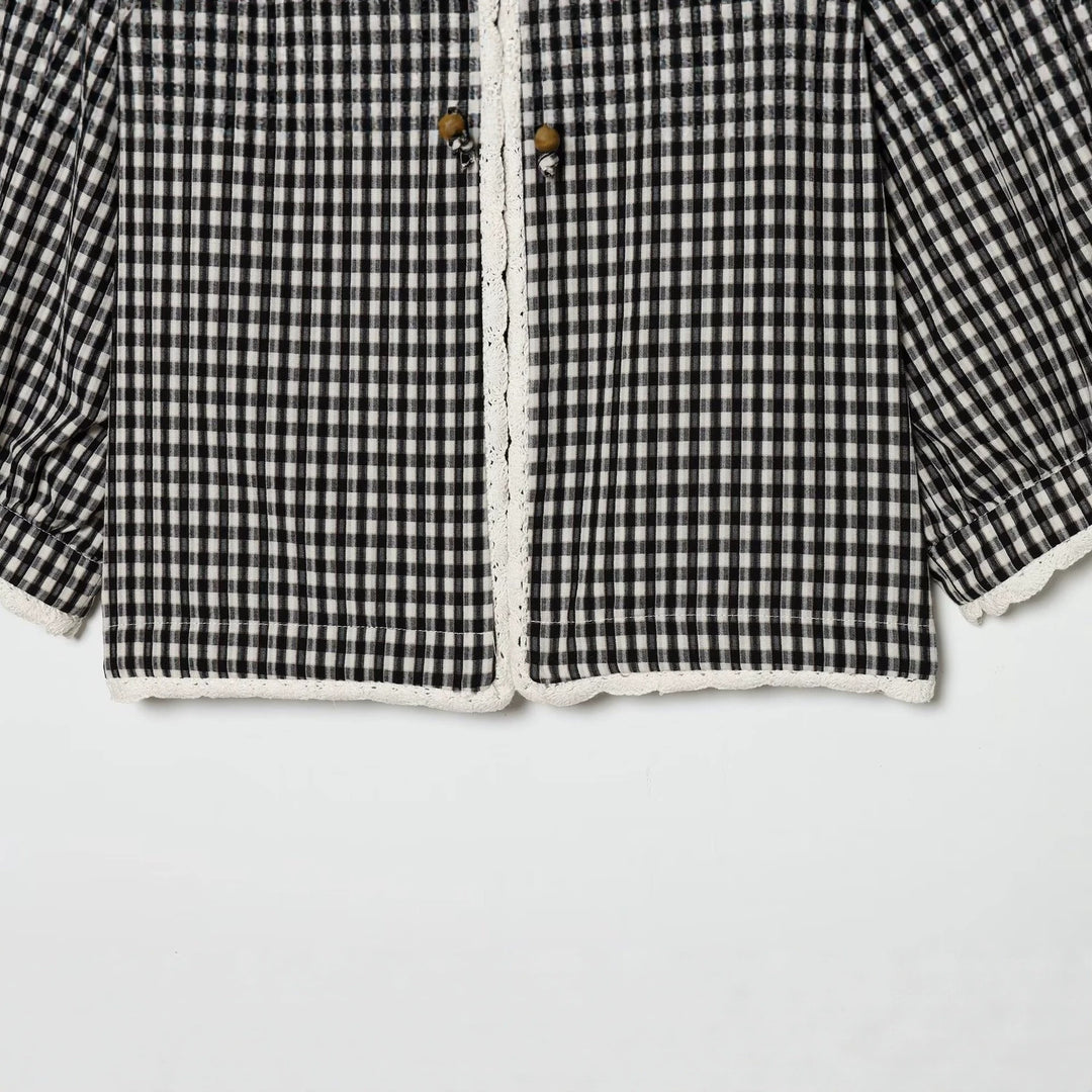 Damen Vichykaro-Bluse mit Häkelbesatz, Bindeband und dreiviertel Ballonärmeln Shop Nory