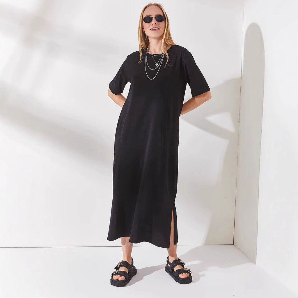Damen schlichtes langärmliges Kleid mit seitlichen Schlitzen und komfortablem Schnitt Shopnory