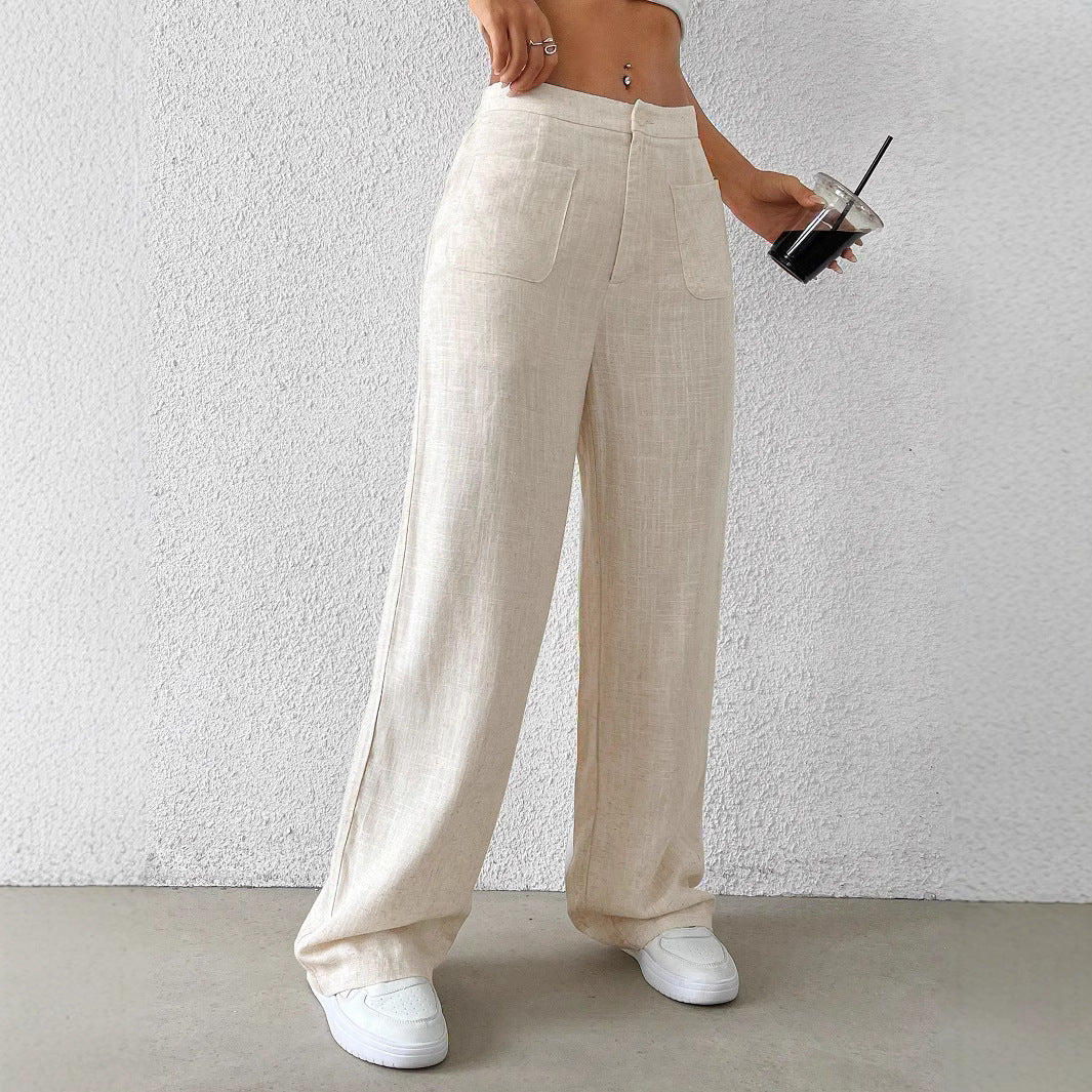 Damen Hochtaillierte Leinenlook Palazzo-Hose mit aufgesetzten Taschen Shop Nory
