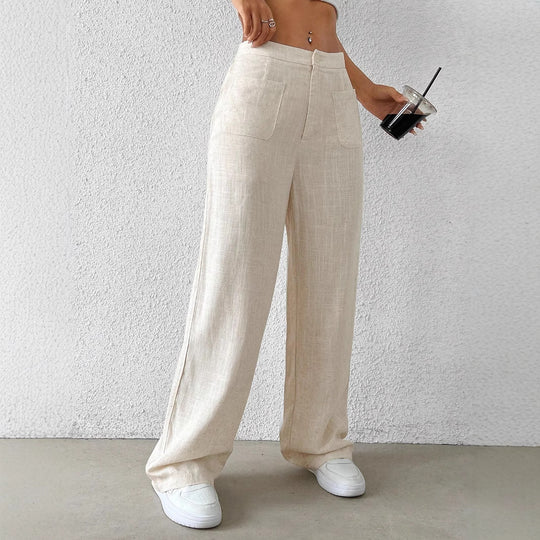 Damen Hochtaillierte Leinenlook Palazzo-Hose mit aufgesetzten Taschen Shop Nory