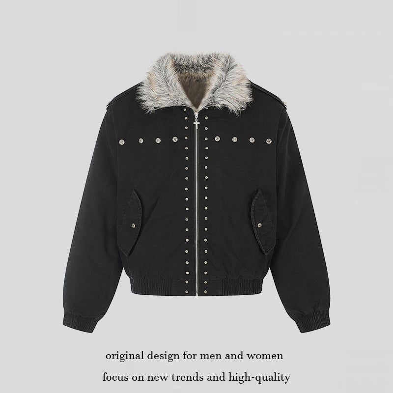 Damen wattierte Bomberjacke mit Kunstfellkragen, Nietenapplikation und Schulterklappen Shop Nory