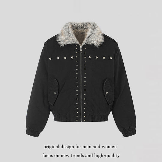 Damen wattierte Bomberjacke mit Kunstfellkragen, Nietenapplikation und Schulterklappen Shop Nory