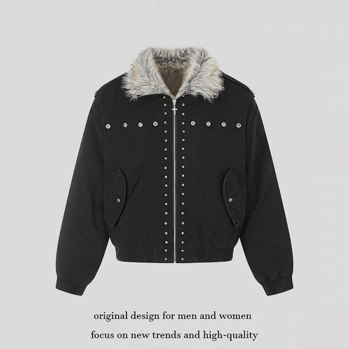 Damen wattierte Bomberjacke mit Kunstfellkragen, Nietenapplikation und Schulterklappen Shop Nory