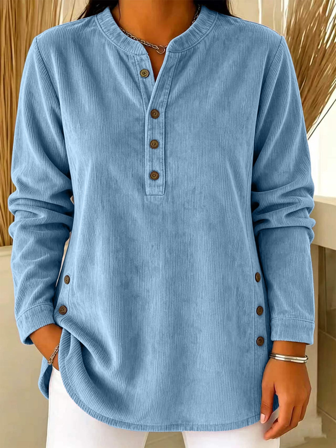 Damen Lässige Cordoptik‑Tunika mit Henley‑Kragen und Seitenknöpfen Shop Nory
