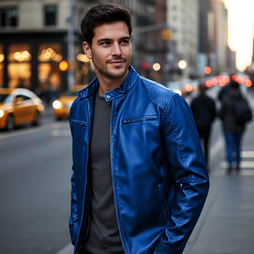Herren Biker‑Style Kunstlederjacke mit Stehkragen und Reißverschlusstaschen Shop Nory