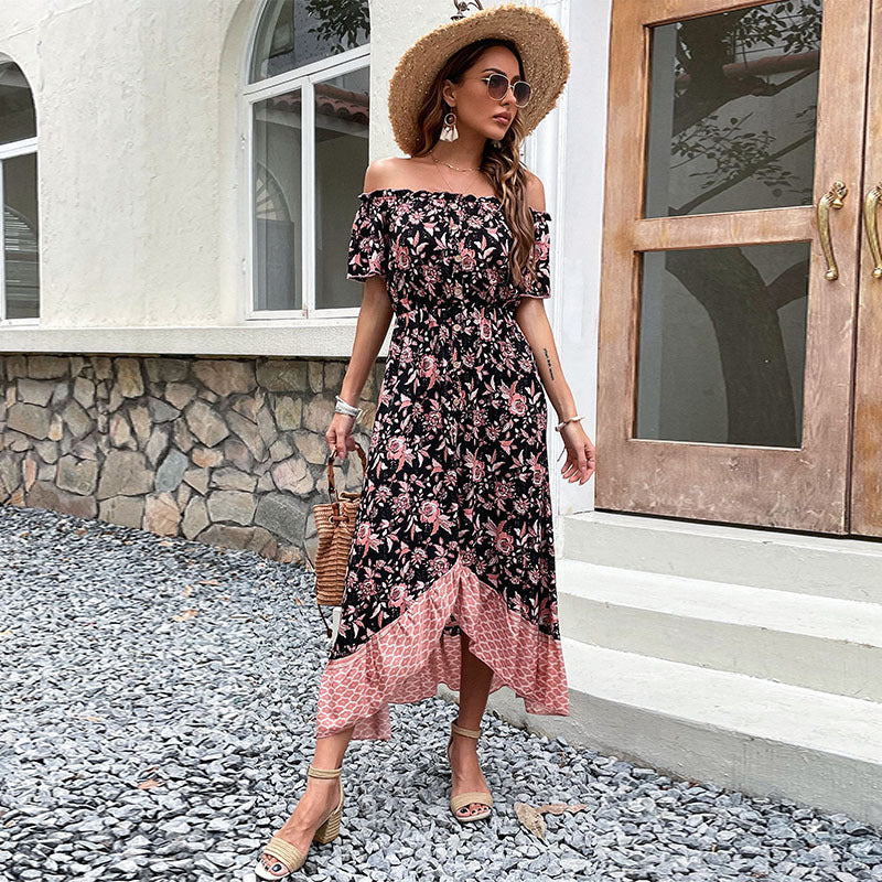 Damen Schulterfreies Boho-Maxikleid mit elastischer Smok-Taille, floralem Patchwork und hohem Seitenschlitz Shop Nory