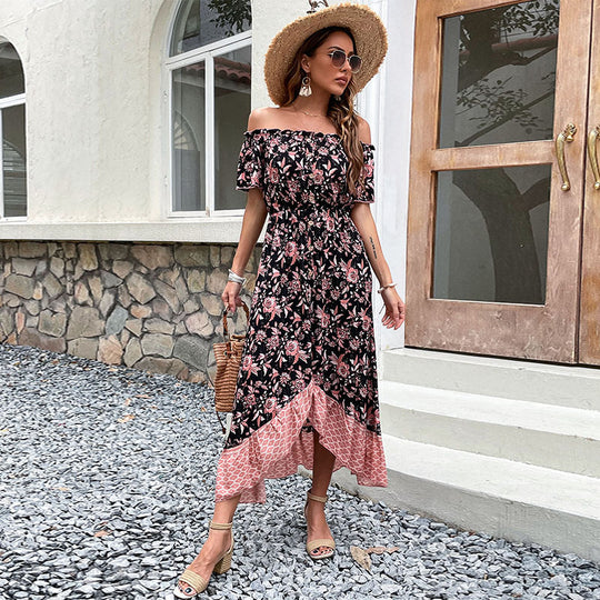 Damen Schulterfreies Boho-Maxikleid mit elastischer Smok-Taille, floralem Patchwork und hohem Seitenschlitz Shop Nory