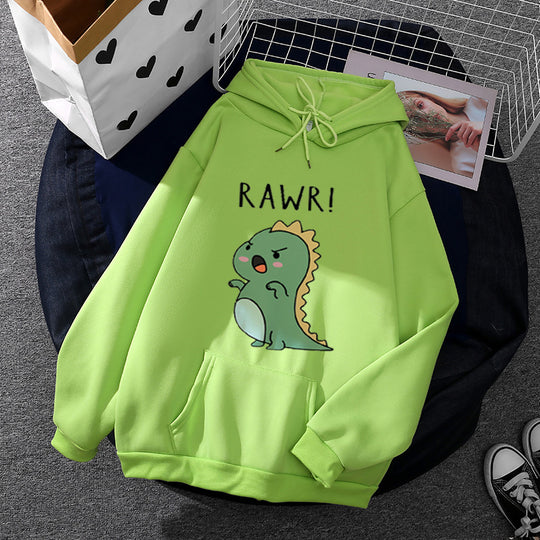 Damen nan Oversize-Kapuzenpullover mit kawaii Dinosaurier-Motiv, gerippten Bündchen und Kängurutasche Shop Nory