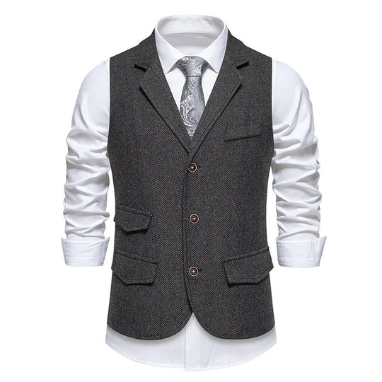 Herren Tweed-Weste mit Fischgrätstruktur, Reverskragen und Pattentaschen Shop Nory
