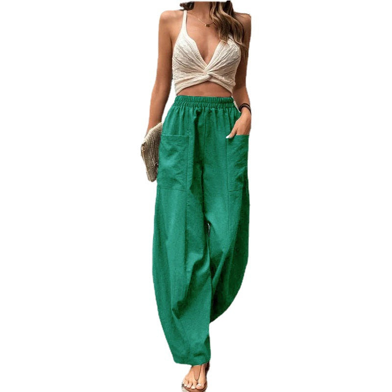 Damen Leichte Leinenhose mit weitem Bein, hohem elastischem Bund und aufgesetzten Taschen Shop Nory