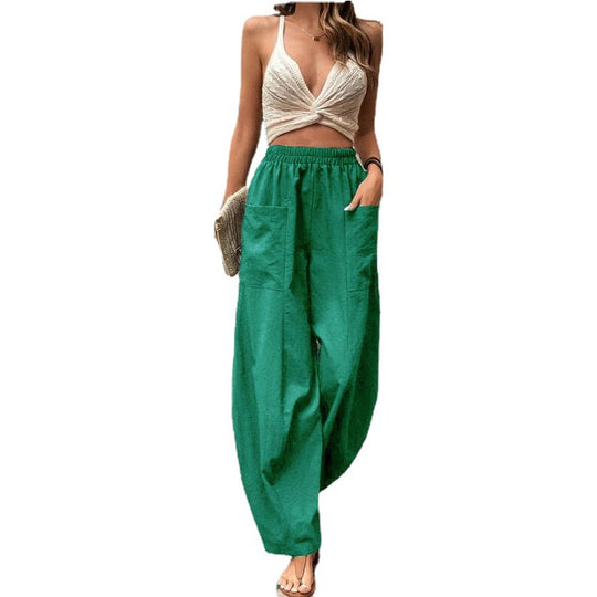 Damen Leichte Leinenhose mit weitem Bein, hohem elastischem Bund und aufgesetzten Taschen Shop Nory