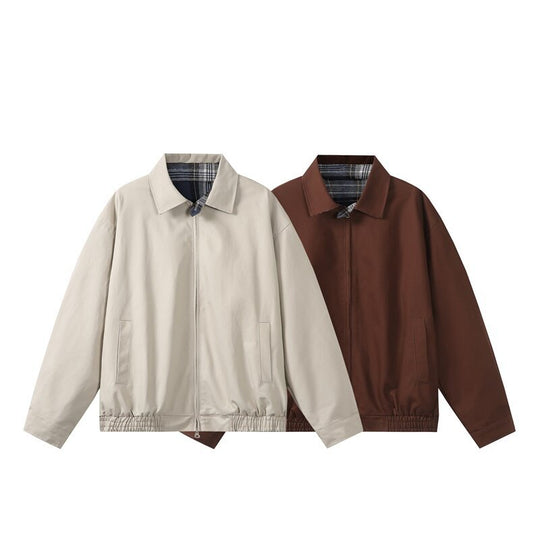 Unisex Kurz geschnittene Boxy-Blousonjacke mit kariertem Stehkragen, elastischem Saum und Zwei-Wege-Reißverschluss Shop Nory
