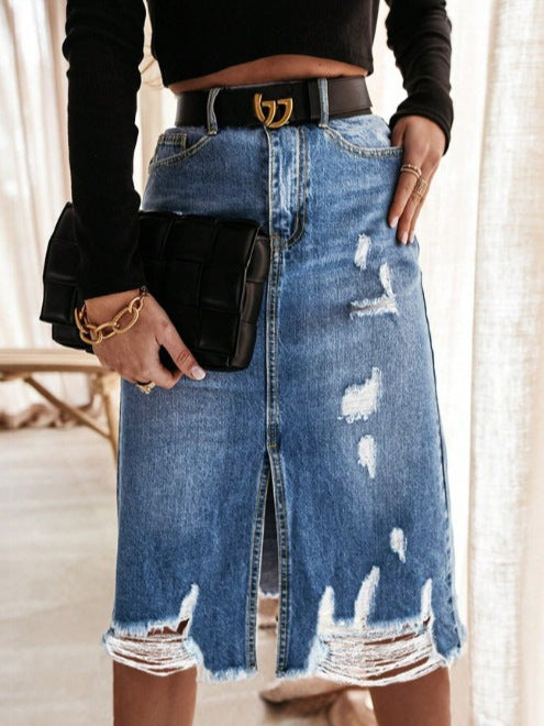 Damen Taillenhoher Destroyed-Denim Midirock mit mittigem Frontschlitz und ausgefranstem Saum Shop Nory