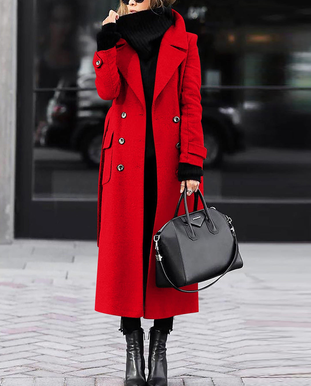 Damen nan eleganter Maxi-Wollmixmantel mit doppelreihiger Knopfleiste, weitem Reverskragen und aufgesetzten Taschenklappen Shop Nory