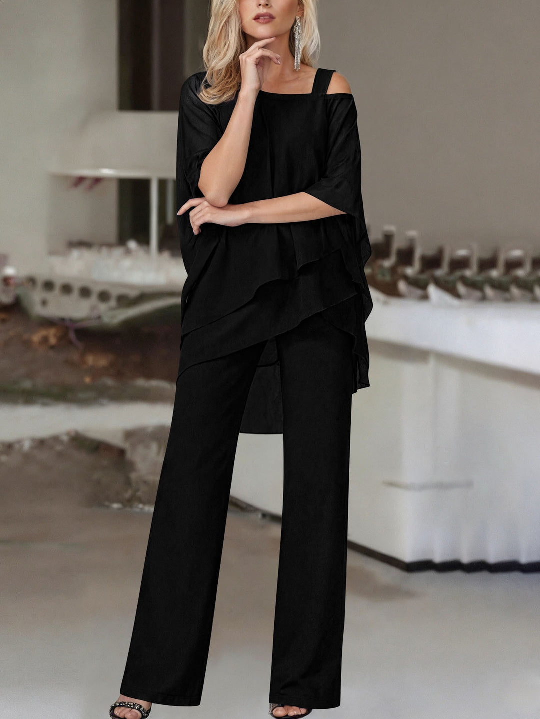 Damen Elegantes Chiffon-Zweiteiler mit Lagen‑Tunika, asymmetrischem Ein‑Schulter‑Detail und weiter Palazzohose Shop Nory