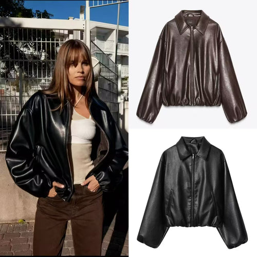 Damen Oversize-Kunstleder-Bomber mit Hemdkragen, verdecktem Reißverschluss und ballonärmeln Shop Nory