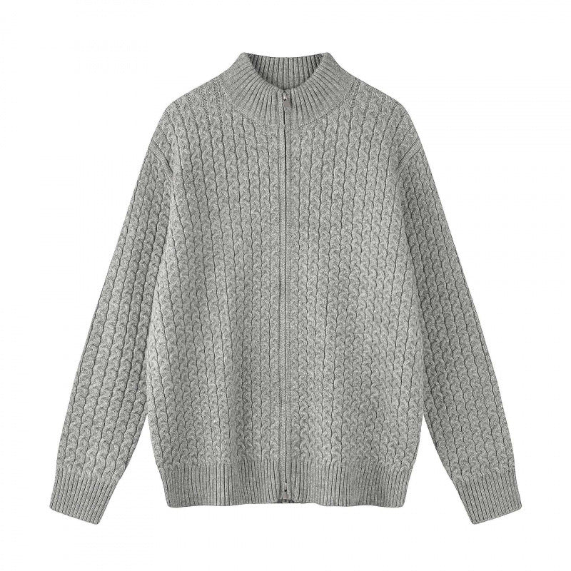 Unisex Boxy-Strickjacke mit Zopfmuster, Stehkragen und Zwei-Wege-Reißverschluss Shop Nory