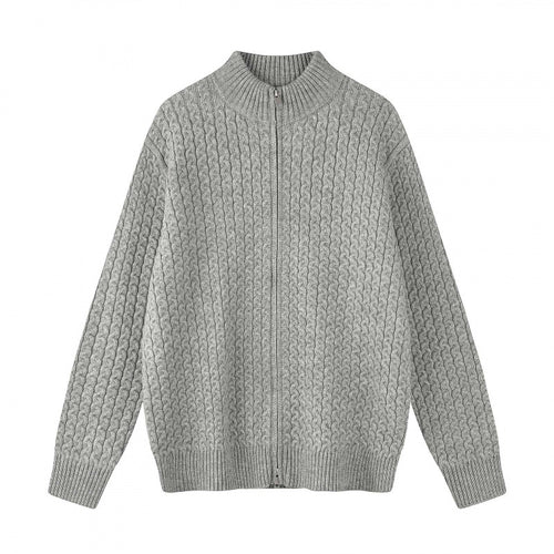 Unisex Boxy-Strickjacke mit Zopfmuster, Stehkragen und Zwei-Wege-Reißverschluss Shop Nory