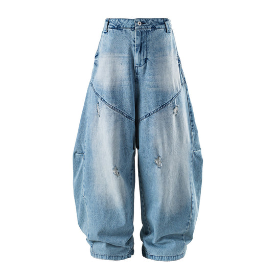 Damen hochgeschnittene weite Denim‑Culotte mit Cargotaschen, Used‑Effekt und elastischem Saum Shop Nory