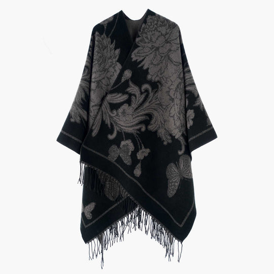 Damen Großer Wollmix Fransenponcho mit diagonalen Kontraststreifen Shop Nory