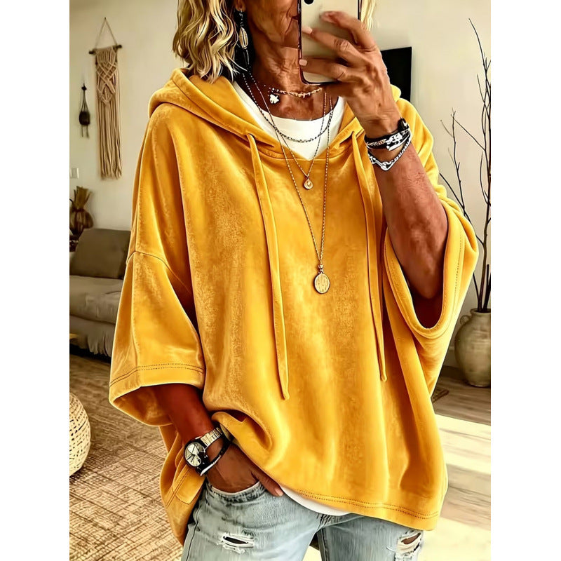 Damen Luxuriöser Samt-Hoodie mit Kimono-Kurzärmeln und Tunnelzug Shop Nory