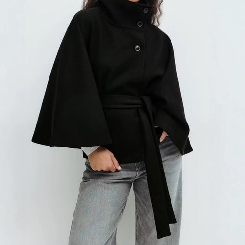 Damen Kurzcape mit Stehkragen, verdeckter Knopfleiste und Taillenbindegürtel Shop Nory