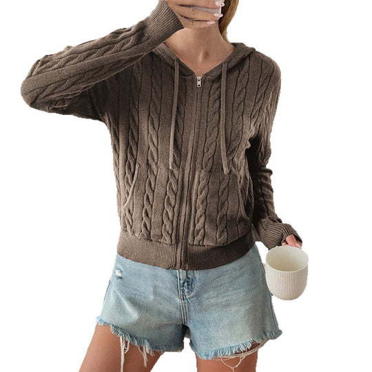 Damen nan Kapuzen-Strickjacke mit Reißverschluss, Zopfstrickstruktur und Kängurutasche Shop Nory