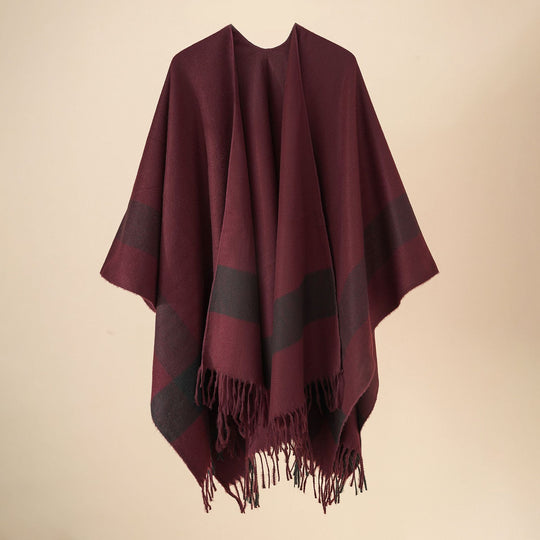 Damen Kuscheliger Oversize Poncho mit Fransen und Blockstreifen Shop Nory