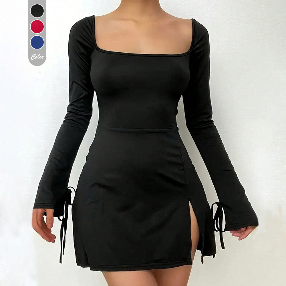 Damen figurbetontes Minikleid mit eckigem Ausschnitt Trompetenärmeln und seitlichem Schlitz Shop Nory