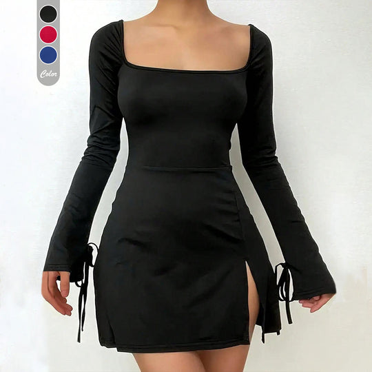 Damen figurbetontes Minikleid mit eckigem Ausschnitt Trompetenärmeln und seitlichem Schlitz Shop Nory
