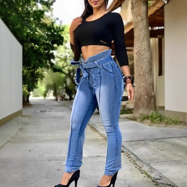 Damen Hochtaillierte Paperbag-Skinny-Jeans mit Bindegürtel und vertikaler Nahtführung Shop Nory