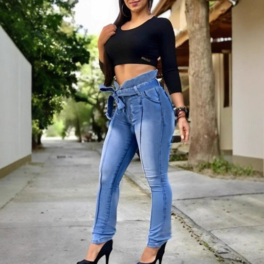Damen Hochtaillierte Paperbag-Skinny-Jeans mit Bindegürtel und vertikaler Nahtführung Shop Nory