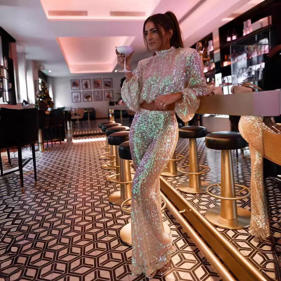 Damen Glitzerndes Oberschenkel-lang Outfit mit Raffungen und weit geschnittenen Beinen Shopnory