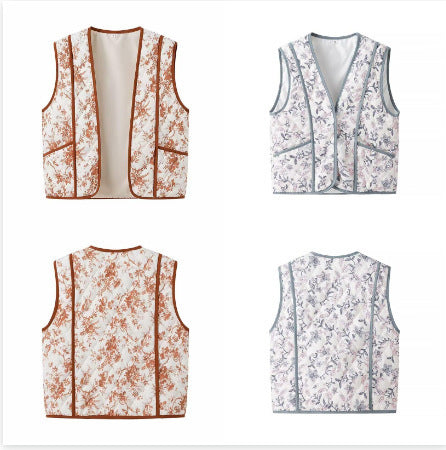 Damen Leicht gesteppte Steppweste mit floralem Print, V‑Ausschnitt und Eingrifftaschen Shop Nory