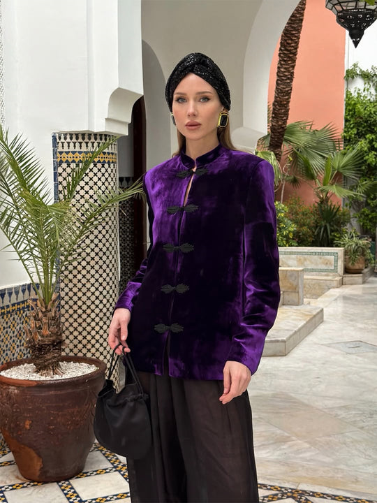 Damen Samtjacke mit Mandarin-Kragen und dekorativen Knotenverschlüssen Shop Nory