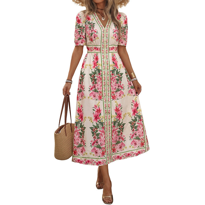 Damen Elegantes Blumenkleid mit kurzen Ärmeln Shop Nory