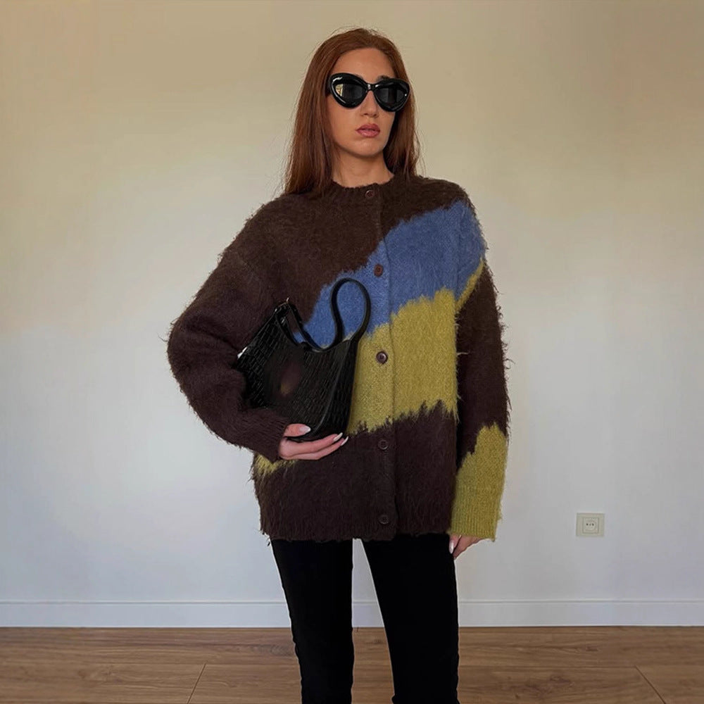 Damen Oversize Mohair-Blend Cardigan mit abstraktem Farbblock und Knopfleiste Shop Nory