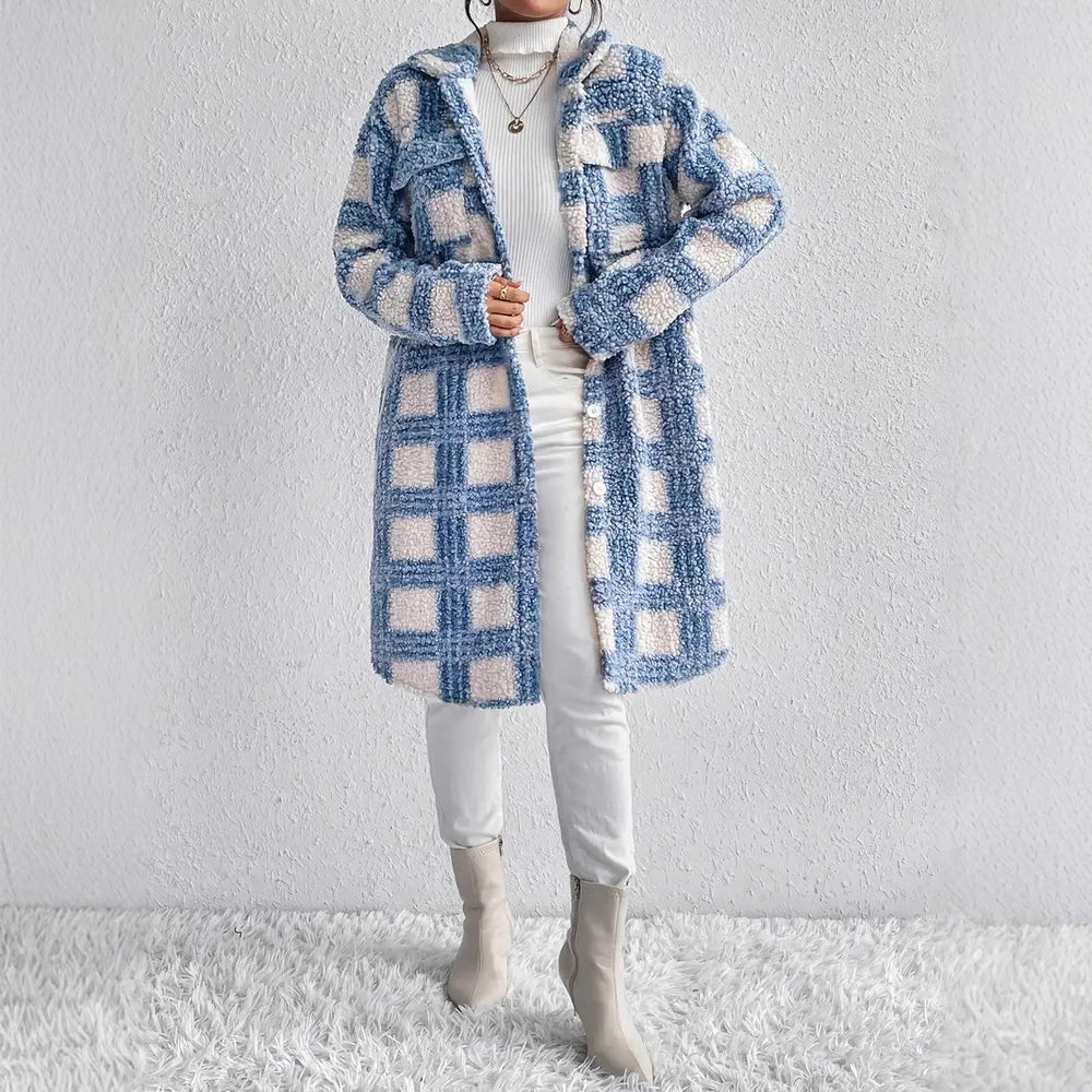 Damen Teddy-Mantel mit großem Karomuster, Hemdkragen und Knopfverschluss Shop Nory