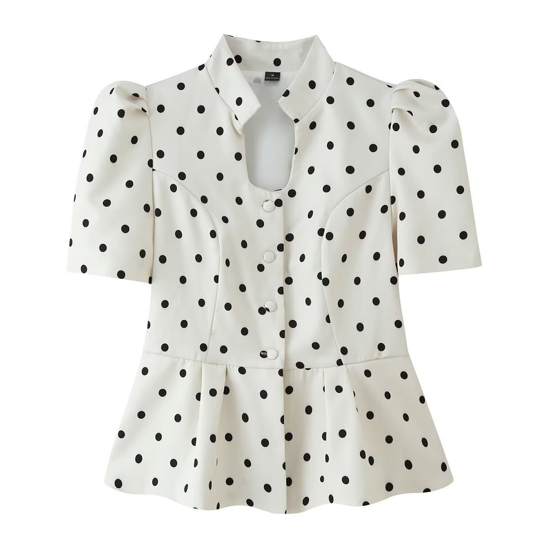 Damen Gepunktete Bluse mit Stehkragen, Puffärmeln und Peplum-Saum Shop Nory