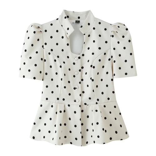 Damen Gepunktete Bluse mit Stehkragen, Puffärmeln und Peplum-Saum Shop Nory