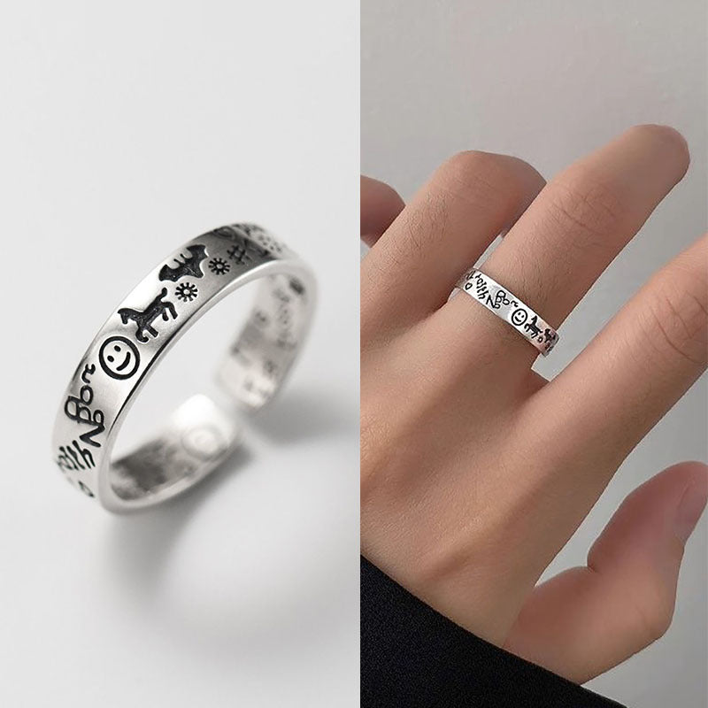 Damen verzierter Silberring mit kreativen Symbolen Shop Nory