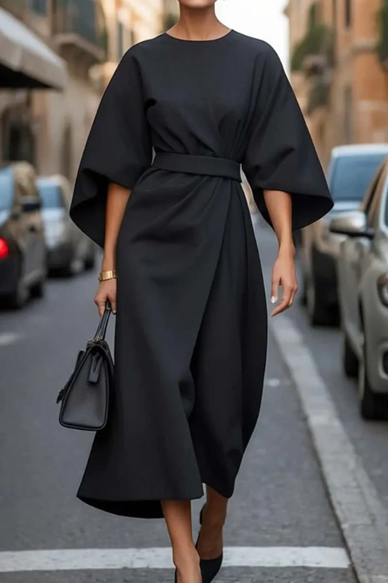 Damen Maxi-Kleid mit voluminösen Ärmeln und elegantem Drapierungsdesign