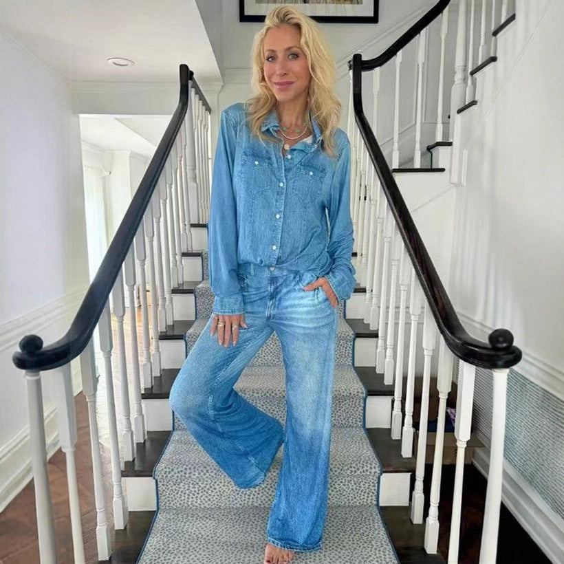 Damen Entspanntes Denim Loungewear-Set mit Übergröße Hemd und Weiten Schlaghosen Shop Nory