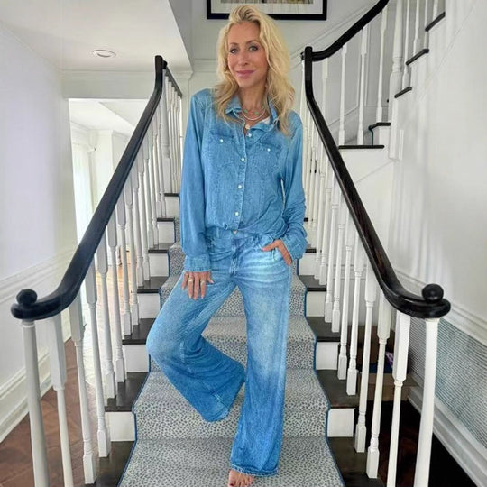 Damen Entspanntes Denim Loungewear-Set mit Übergröße Hemd und Weiten Schlaghosen Shop Nory