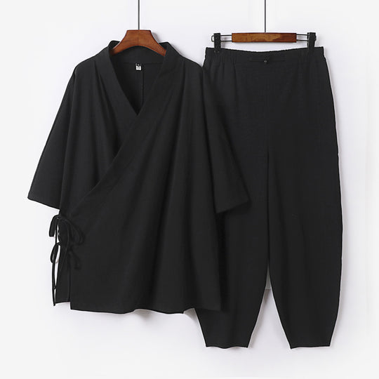 Unisex Leichtes Wickel-Lounge-Set im Kimono-Stil mit seitlichen Bindebändern und elastischer konisch zulaufender Hose Shop Nory