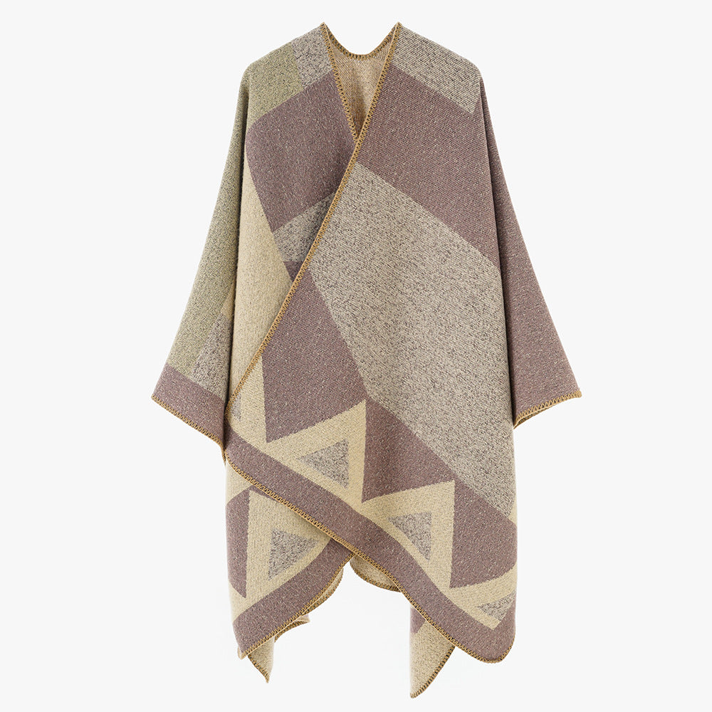 Damen Wollenes Dreiecksmotiv‑Überwurfponcho mit offener Front und dekorativer Kettelnaht Shop Nory