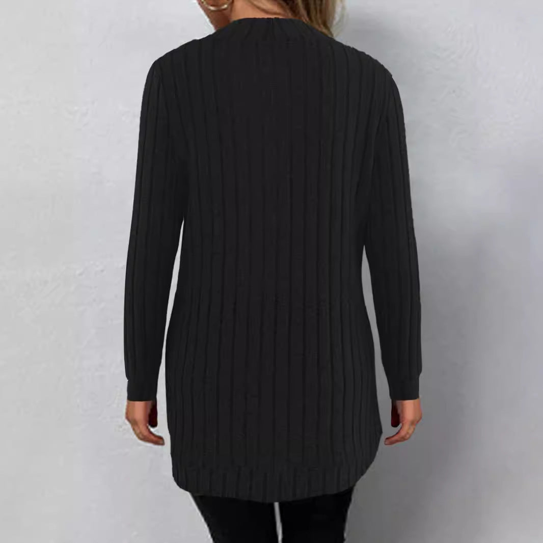 Damen Langer Offener Rippstrick-Cardigan mit abgerundetem Saum Shop Nory