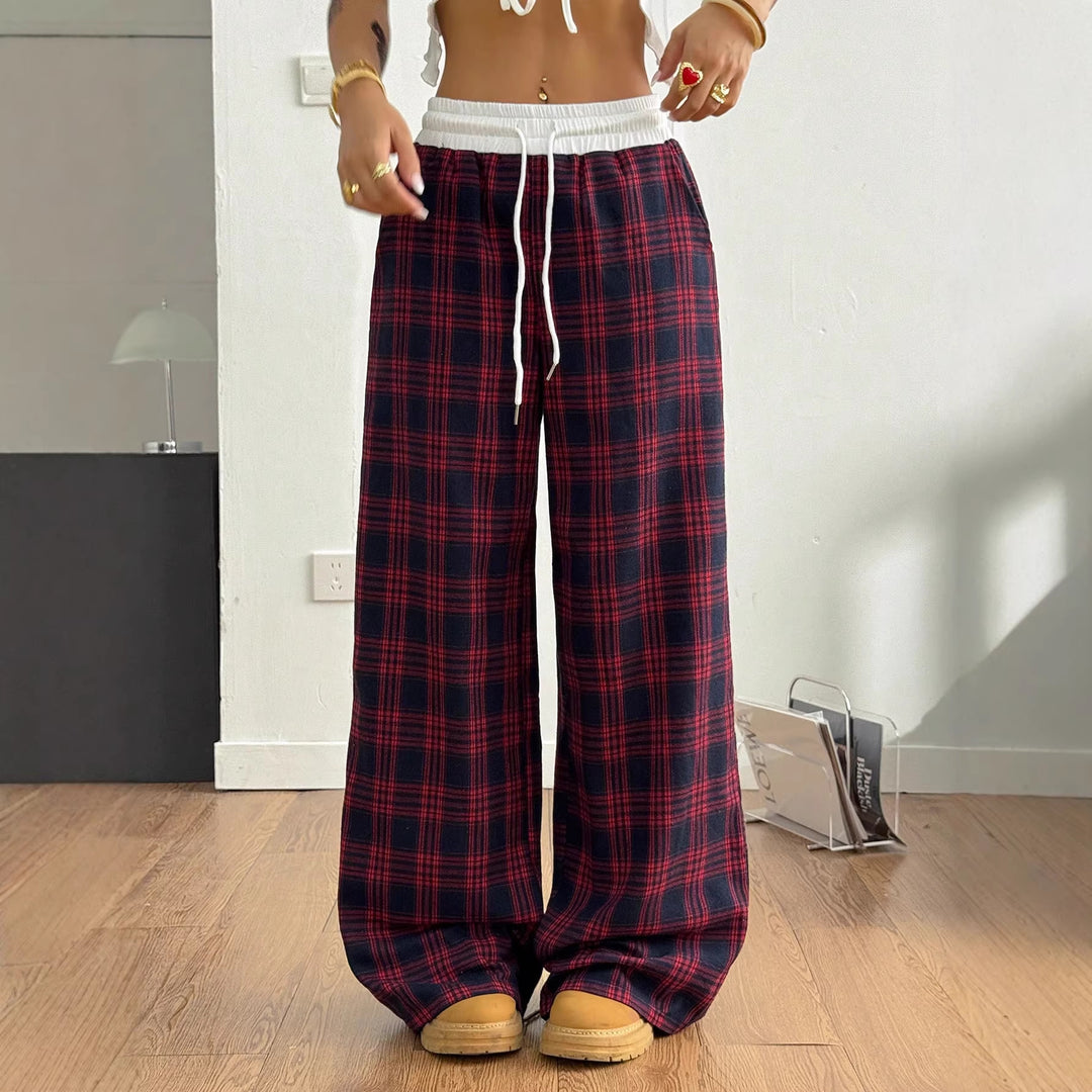 Damen weite karierte Lounge-Hose mit hohem Gummibund und Kordelzug Shop Nory